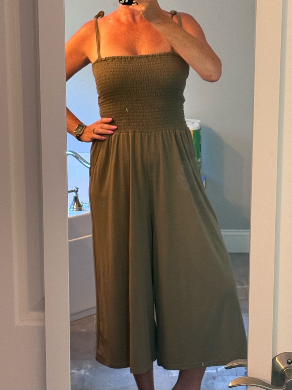 “Jack” by BB Dakota Women's Olive Green Smocked Wide-Leg Jumpsuit